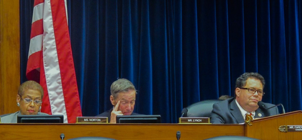 Representatives Eleanor Holmes Nortion, Stephen Lynch and Blake Farenthold listen to testimony at Sept 9, 2014 hearing.